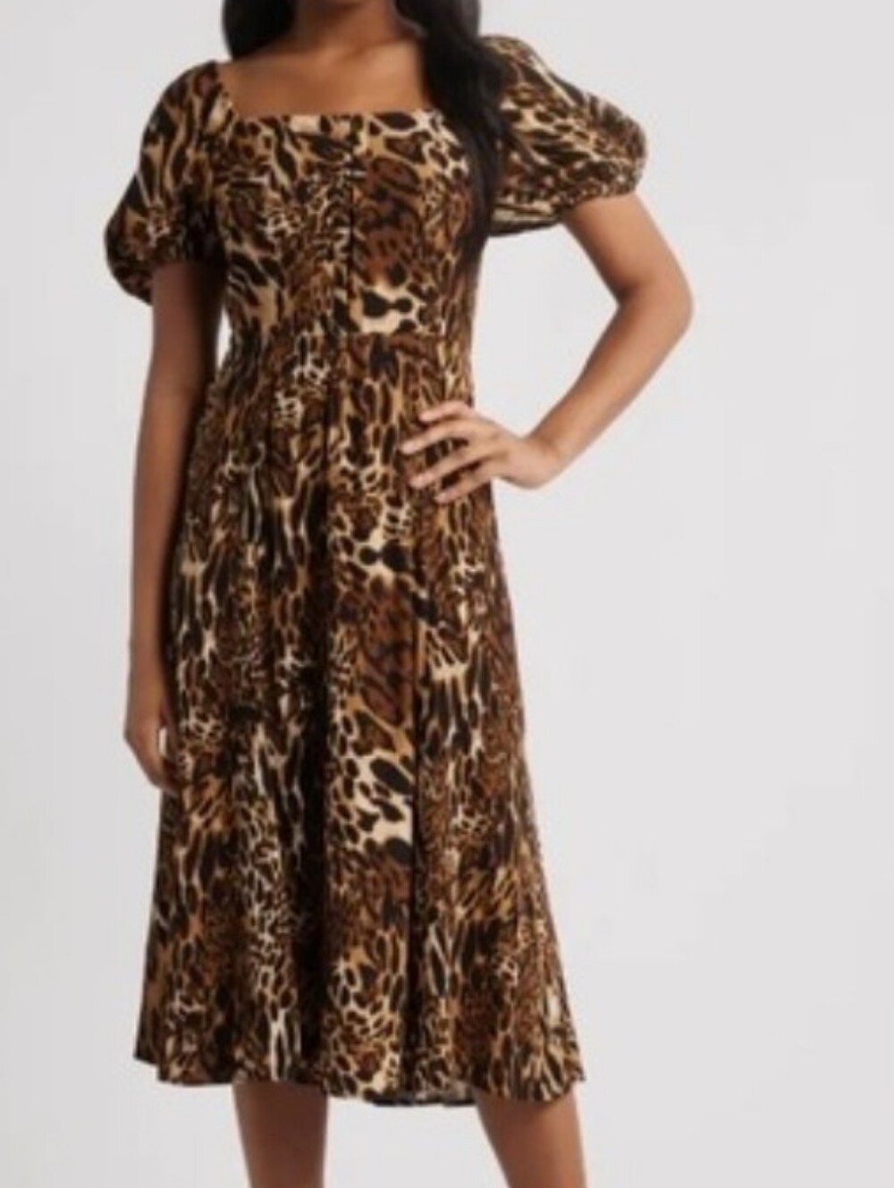 NWT Wayf Leopard Print Hook-Front Puff Sleeve Midi Dress Sz S